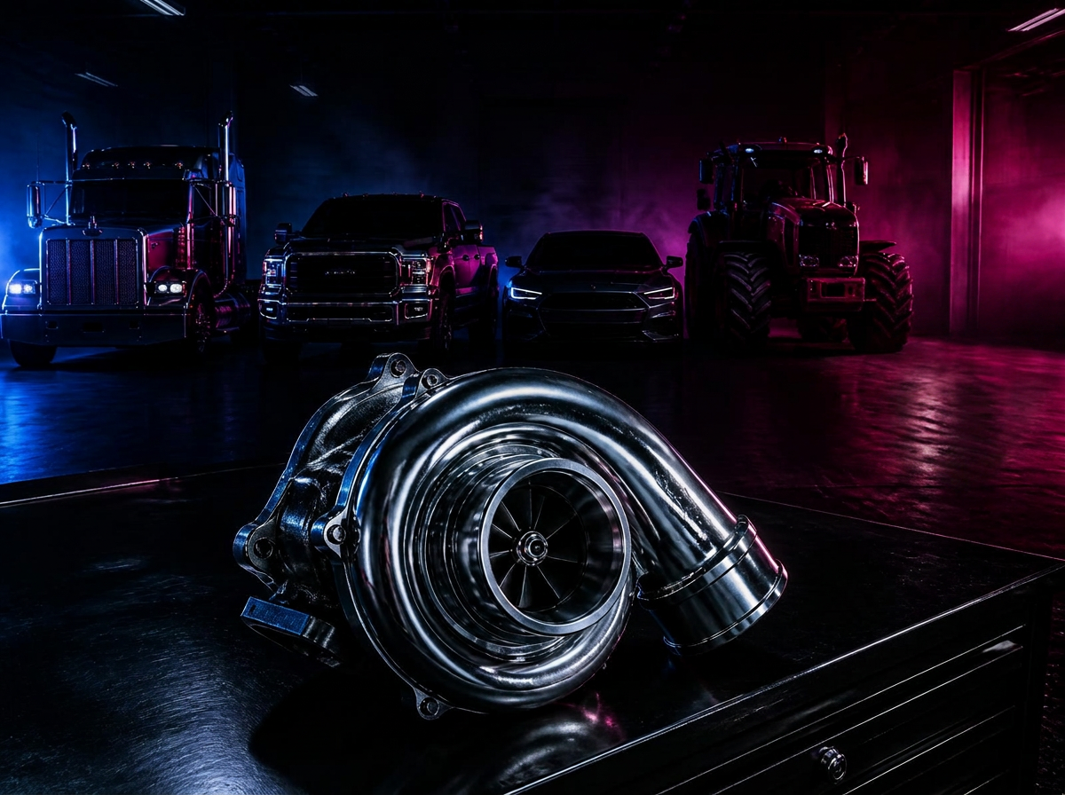 Linhas atendidas pela ES Turbos: caminhão, carro, caminhonete, máquina agrícola e turbina marítima em cenário industrial escuro